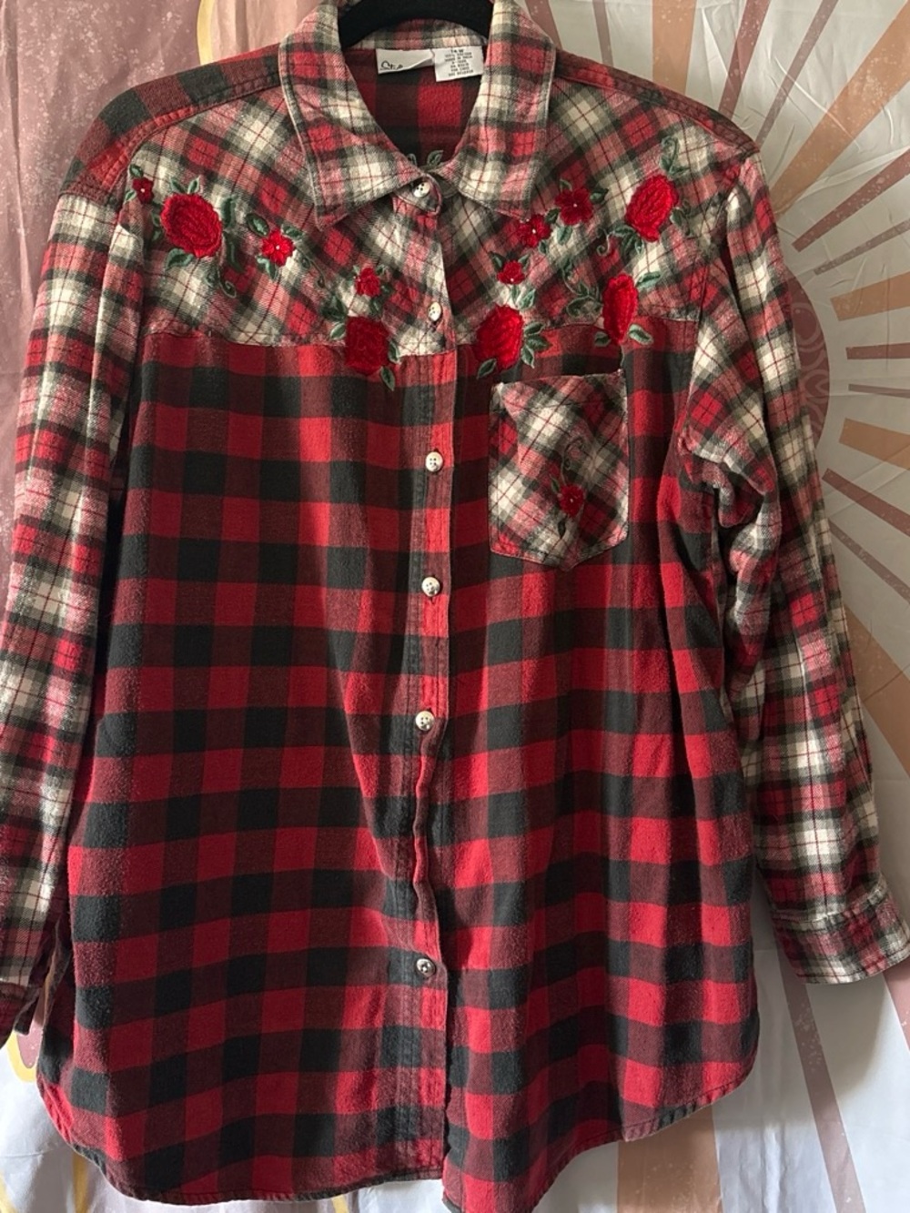 Styleworks 90’s Embroidered Red Plaid Button-Front Shirt with Floral embroidery